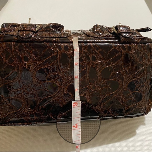 Chenson Brown Leather Patent Faux Croc Pattern Double Zipper Handbag - Picture 13 of 16